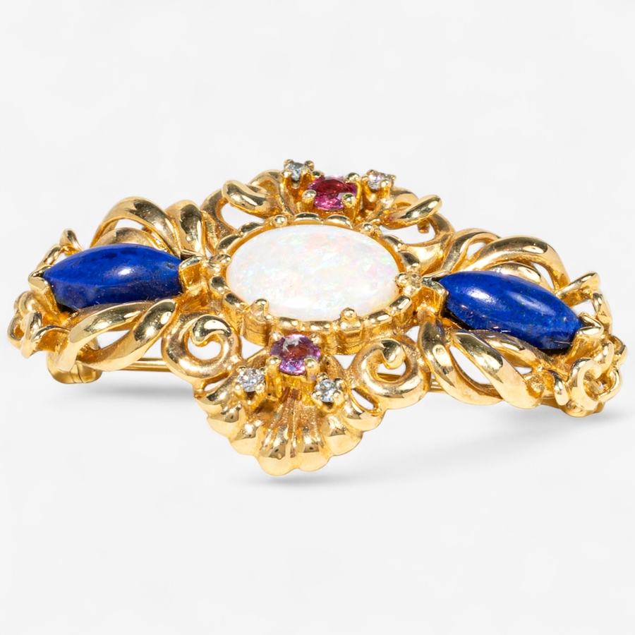 Image 747448_ALTMORE3.jpg, Product 747-448 / Price $3,395.00, 18K Yellow Gold Opal, Lapis Lazuli, Pink Sapphire and Diamond Brooch from Estate Originals on TSC.ca's Jewellery department