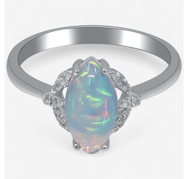 10K White Gold Marquise Shape Ethiopian Opal & Diamond Ring
