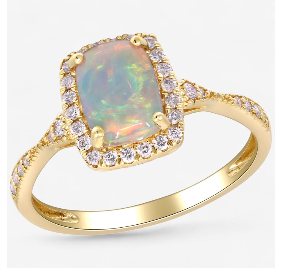 Image 747506_ALTMORE3.jpg, Product 747-506 / Price $1,129.99, 10K Yellow Gold Oval Shape Ethiopian Opal & Diamond Halo Ring from The Vault on TSC.ca's Jewellery department
