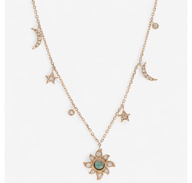  10K Yellow Gold Ethiopian Opal & Diamond Sun, Moon & Star Pendant Necklace