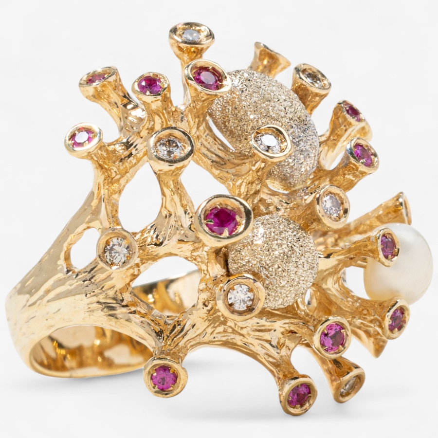 Image 747600_ALTMORE1.jpg, Product 747-600 / Price $4,295.00, Estate Originals 14K Yellow and White Gold Organically Designed Ruby, Diamond and Freshwater Pearl Ring from Estate Originals on TSC.ca's Jewellery department