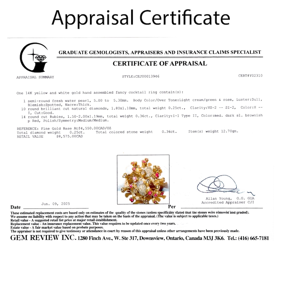 Image 747600_ALTMORE5.jpg, Product 747-600 / Price $4,295.00, Estate Originals 14K Yellow and White Gold Organically Designed Ruby, Diamond and Freshwater Pearl Ring from Estate Originals on TSC.ca's Jewellery department