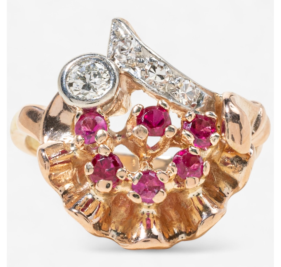 Image 747613.jpg, Product 747-613 / Price $2,695.00, Estate Originals 14K Rose and White Gold Ruby and Diamond Fan-Shaped Floral Ring from Estate Originals on TSC.ca's Jewellery department