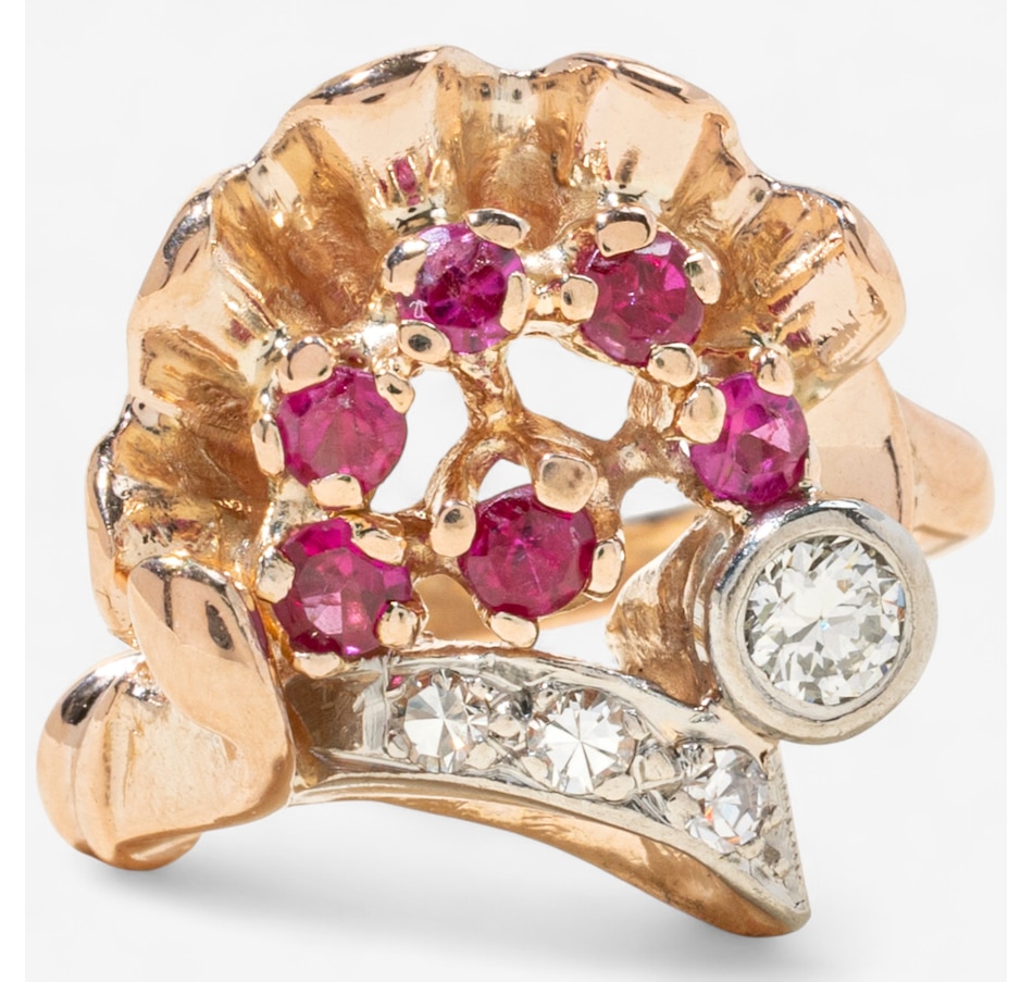 Image 747613_ALTMORE1.jpg, Product 747-613 / Price $2,695.00, Estate Originals 14K Rose and White Gold Ruby and Diamond Fan-Shaped Floral Ring from Estate Originals on TSC.ca's Jewellery department