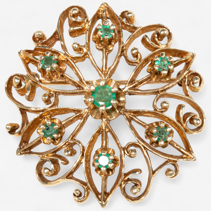 Image 747632.jpg, Product 747-632 / Price $2,395.00, Estate Originals 10-14K Rose Gold Emerald Floral Brooch from Estate Originals on TSC.ca's Jewellery department