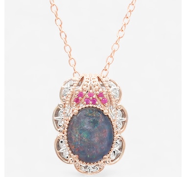 Palladium Silver Australian Opal Triplet & Gems Pendant With Chain