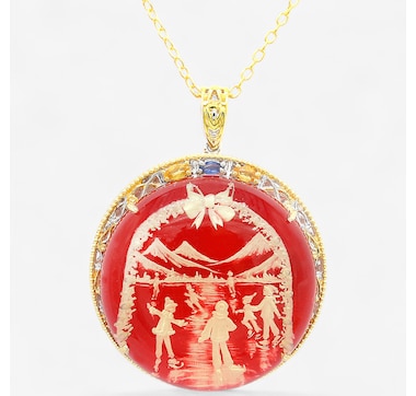 Palladium Silver Carved Skating At Lake Louise Red Amber Pendant With Chain