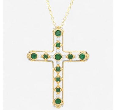 Palladium Silver Grizzly Emerald & White Zircon Cross Pendant With Chain