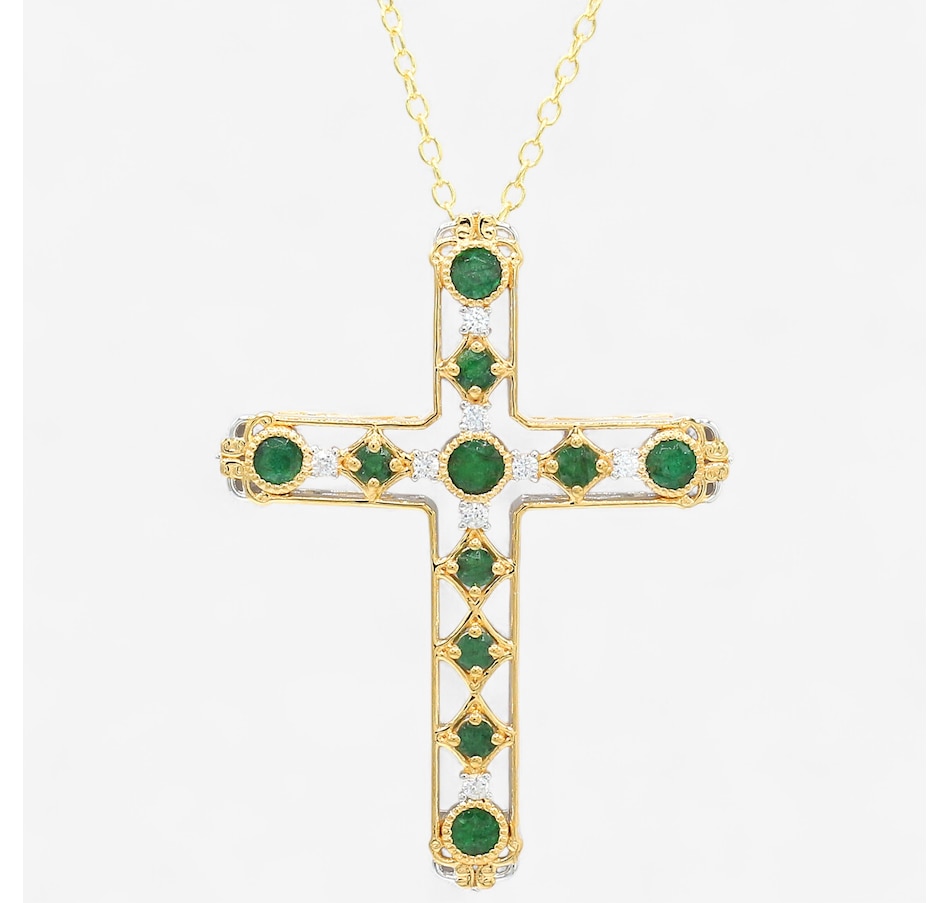 Image 747675.jpg, Product 747-675 / Price $299.99, Gems En Vogue Palladium Silver Grizzly Emerald & White Zircon Cross Pendant With Chain from Gems En Vogue on TSC.ca's Jewellery department