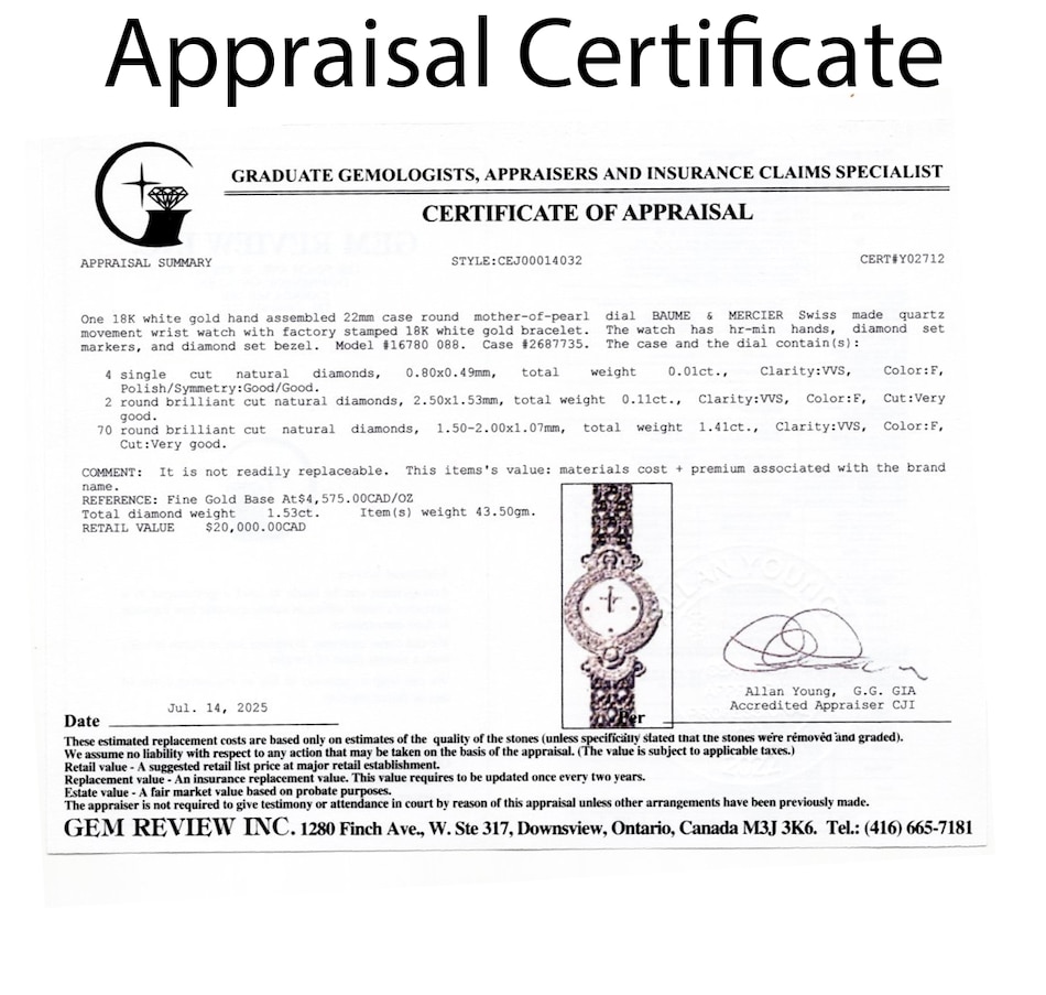 Image 747866_ALTMORE6.jpg, Product 747-866 / Price $12,995.00, Estate Originals 18K White Gold Baume and Mercier Watch with Mother-of-Pearl Dial and Diamonds from Estate Originals on TSC.ca's Jewellery department