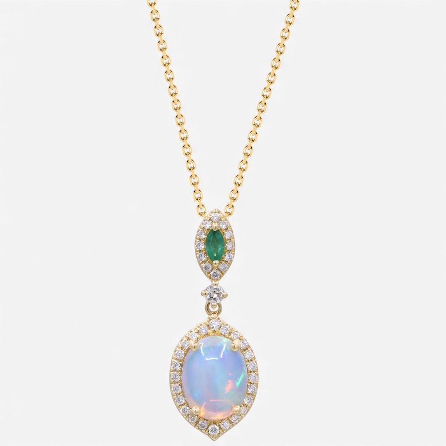 Image 747941.jpg, Product 747-941 / Price $1,449.99, 10K Yellow Gold Ethiopian Opal, Emerald and Diamond Pendant with Chain from The Vault on TSC.ca's Jewellery department