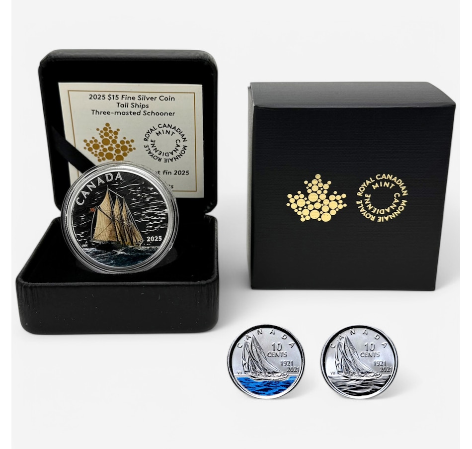 Image 748039.jpg, Product 748-039 / Price $99.95, 2025 $15 Three-Masted Schooner Tall Ships Pure Silver Coin from The Coin Show with Steven Bromberg on TSC.ca's Coins department