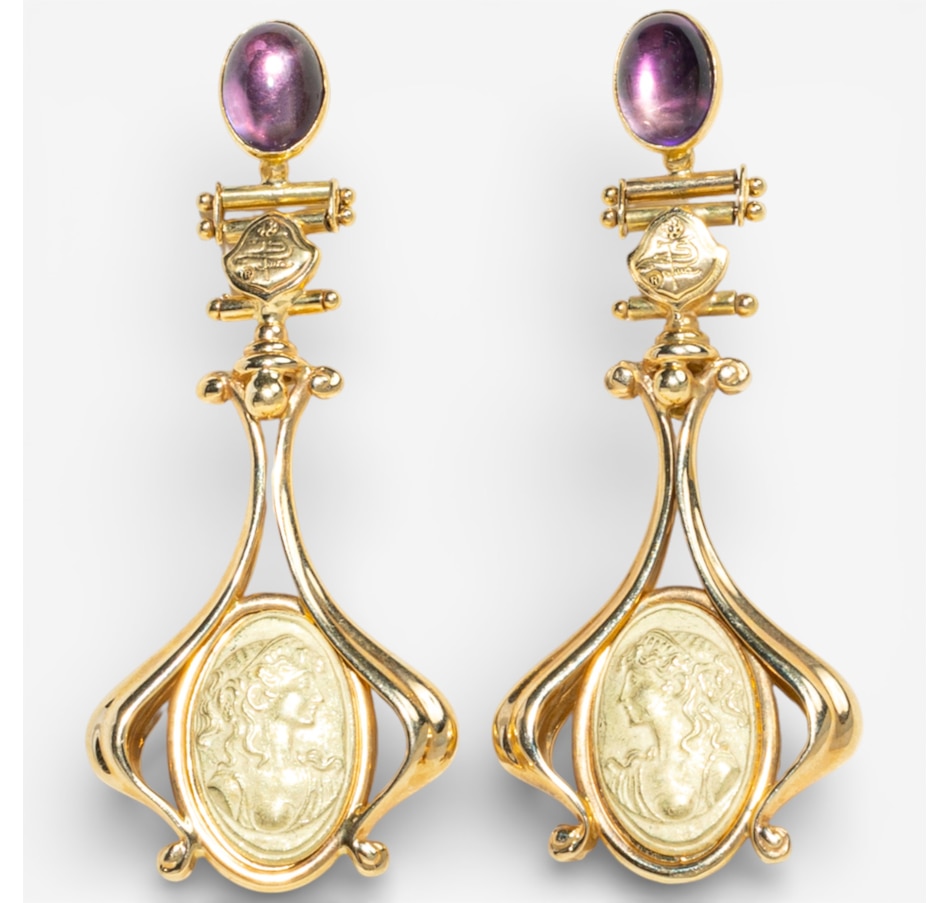 Image 748233.jpg, Product 748-233 / Price $4,488.00, Estate Originals 18K Yellow Gold Italian Made Drop-Style Gold Cameo Earrings with Cabochon-Cut Amethysts from Estate Originals on TSC.ca's Jewellery department