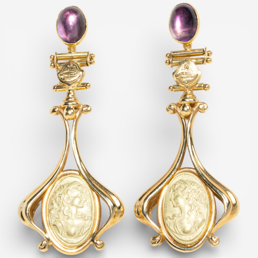 Image 748233.jpg, Product 748-233 / Price $5,895.00, Estate Originals 18K Yellow Gold Italian Made Drop-Style Gold Cameo Earrings with Cabochon-Cut Amethysts from Estate Originals on TSC.ca's Jewellery department