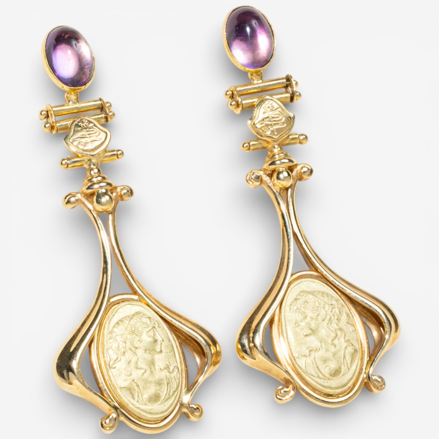Image 748233_ALTMORE1.jpg, Product 748-233 / Price $5,895.00, Estate Originals 18K Yellow Gold Italian Made Drop-Style Gold Cameo Earrings with Cabochon-Cut Amethysts from Estate Originals on TSC.ca's Jewellery department
