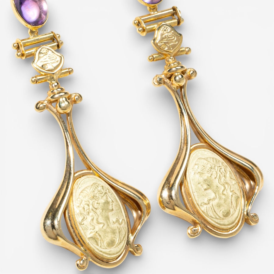 Image 748233_ALTMORE2.jpg, Product 748-233 / Price $5,895.00, Estate Originals 18K Yellow Gold Italian Made Drop-Style Gold Cameo Earrings with Cabochon-Cut Amethysts from Estate Originals on TSC.ca's Jewellery department