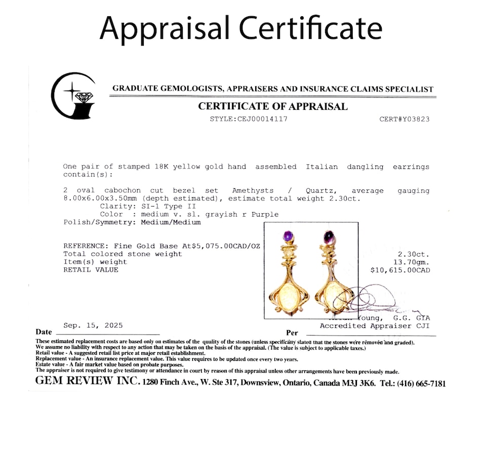 Image 748233_ALTMORE3.jpg, Product 748-233 / Price $4,488.00, Estate Originals 18K Yellow Gold Italian Made Drop-Style Gold Cameo Earrings with Cabochon-Cut Amethysts from Estate Originals on TSC.ca's Jewellery department
