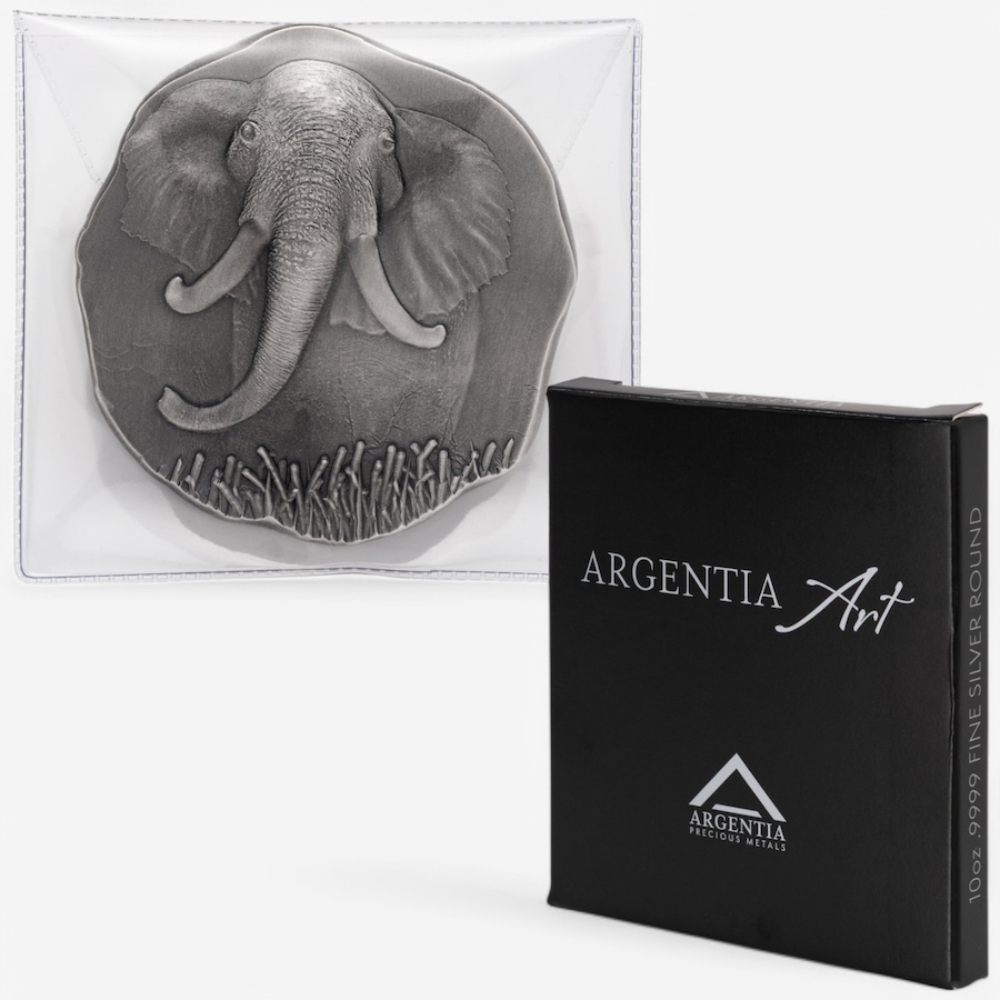 Image 748288.jpg, Product 748-288 / Price $1,588.00, 10-Ounce Fine Silver Elephant Argentia Art Round, Antique Finish from Argentia on TSC.ca's Coins department