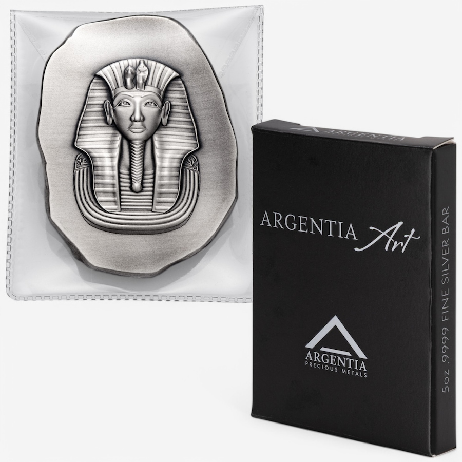 Image 748289.jpg, Product 748-289 / Price $798.00, Five-Ounce Fine Silver Art Bar King Tut, Argentia - Antique Finish from Argentia on TSC.ca's Coins department