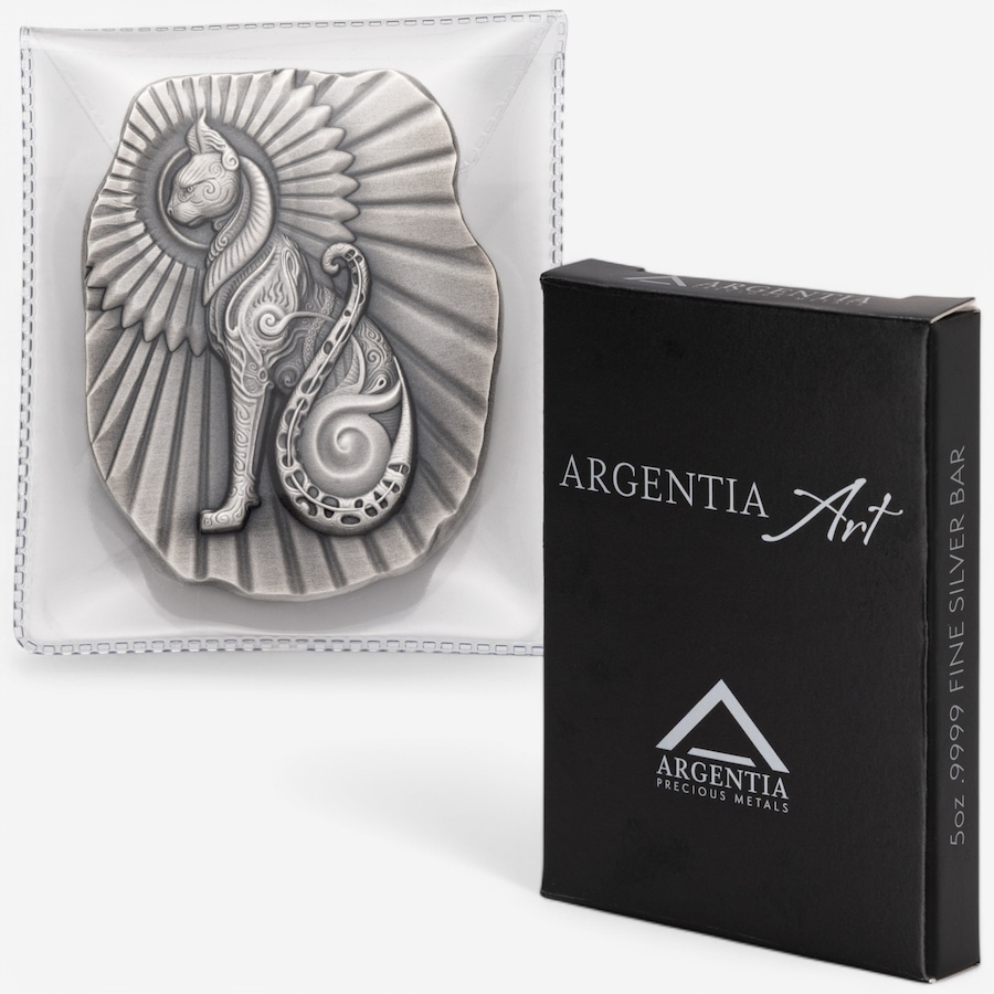Image 748290.jpg, Product 748-290 / Price $798.00, Five-Ounce Fine Silver Art Bar Egyptian Cat, Argentia - Antique Finish from Argentia on TSC.ca's Coins department