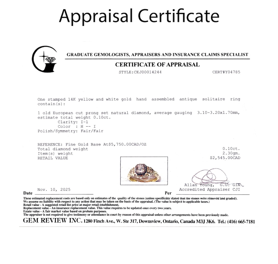 Image 748313_ALTMORE5.jpg, Product 748-313 / Price $1,495.00, Estate Originals 14K Yellow and White Gold 0.10-Carat Old European-Cut Diamond Solitaire Ring from Estate Originals on TSC.ca's Jewellery department