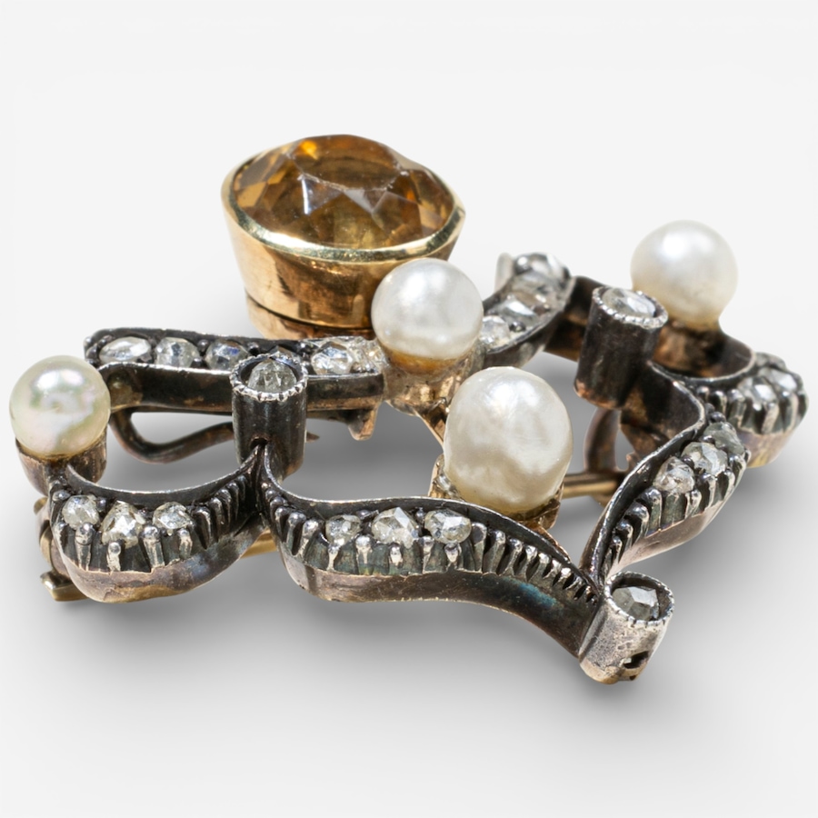Image 748320_ALTMORE2.jpg, Product 748-320 / Price $2,795.00, Estate Originals 12K White and Yellow Gold Citrine, Pearl and Rose-Cut Diamond Brooch from Estate Originals on TSC.ca's Jewellery department