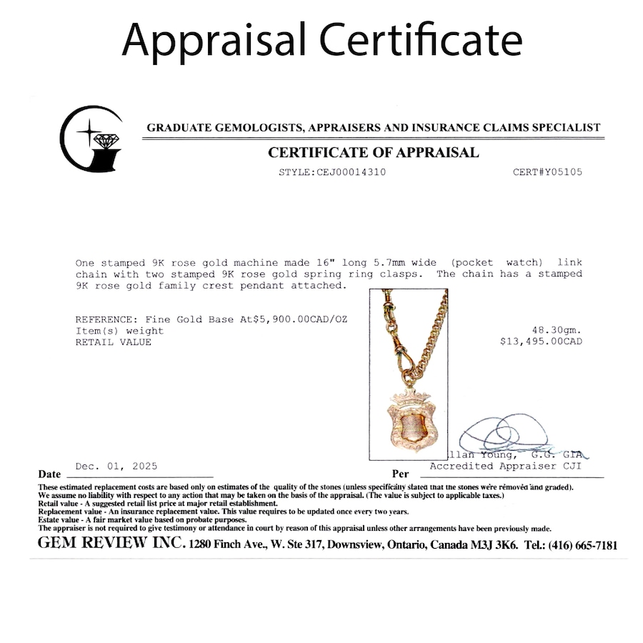 Image 748352_ALTMORE4.jpg, Product 748-352 / Price $6,995.00, Estate Originals 9K Rose Gold Pocket Watch Chain with Crest Attachment from Estate Originals on TSC.ca's Jewellery department