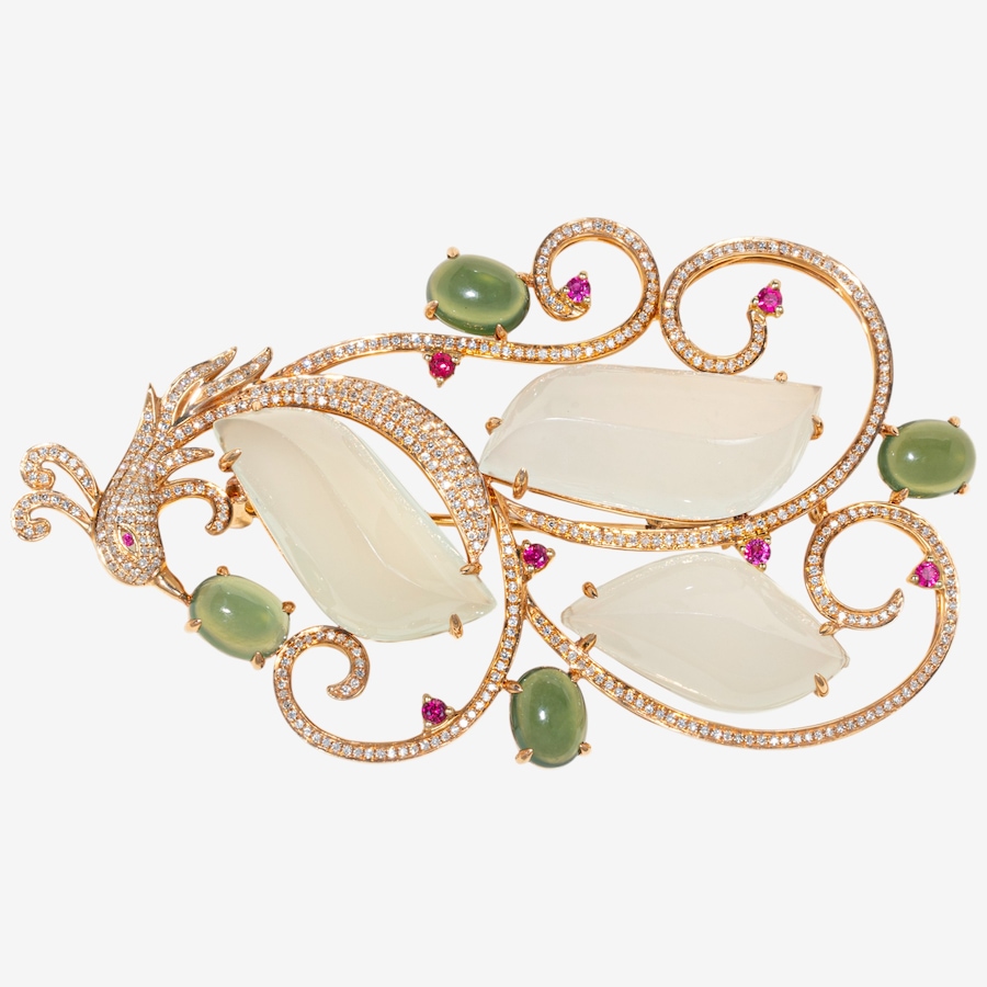 Image 748422.jpg, Product 748-422 / Price $6,495.00, Estate Originals 18K Rose Gold Chrysoprase, Ruby and Diamond Phoenix Brooch/Pendant from Estate Originals on TSC.ca's Jewellery department