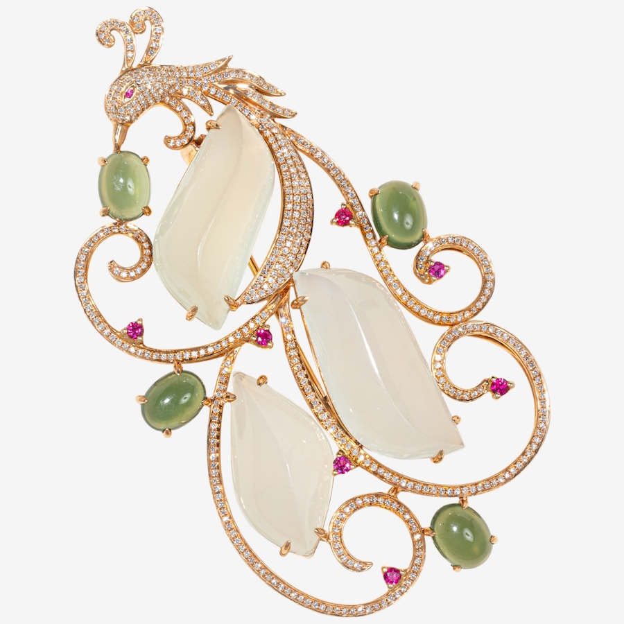 Image 748422_ALTMORE2.jpg, Product 748-422 / Price $6,495.00, Estate Originals 18K Rose Gold Chrysoprase, Ruby and Diamond Phoenix Brooch/Pendant from Estate Originals on TSC.ca's Jewellery department