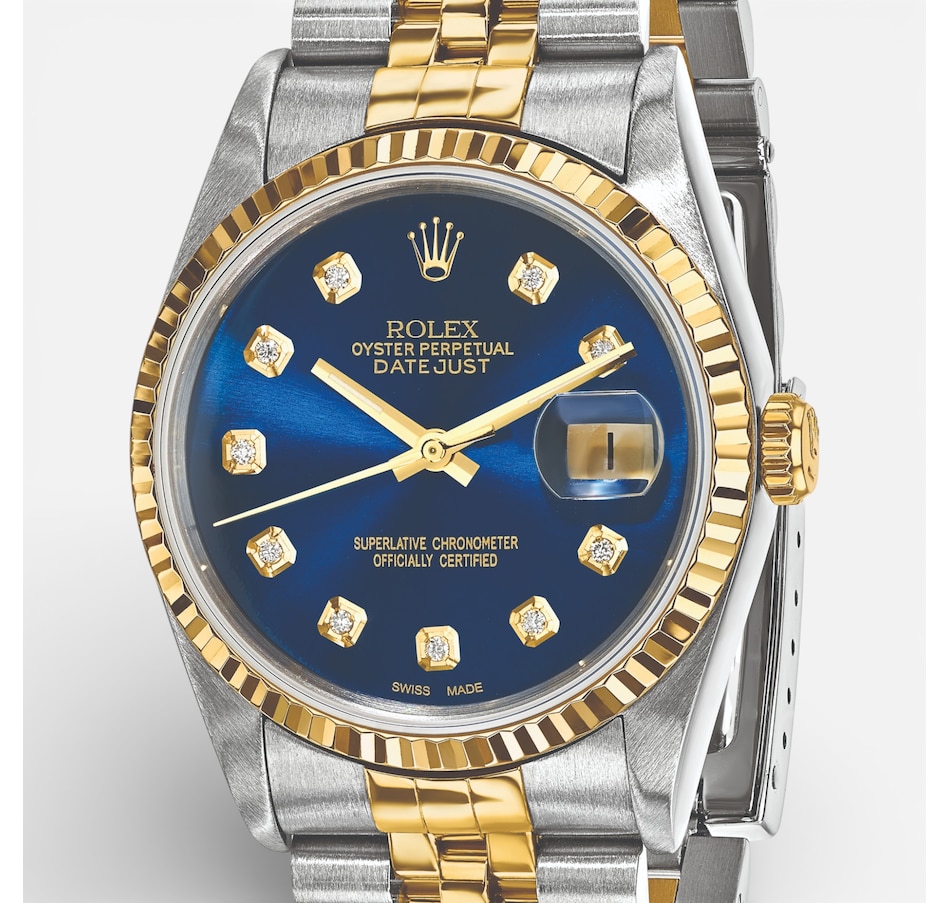 Image 748536_ALTMORE4.jpg, Product 748-536 / Price $16,299.99, Swiss Crown Pre-Owned Rolex - Independently Certified - 36-mm Two-Tone Datejust Watch with Jubilee Bracelet and Blue Diamond Dial from Swiss Crown on TSC.ca's Jewellery department