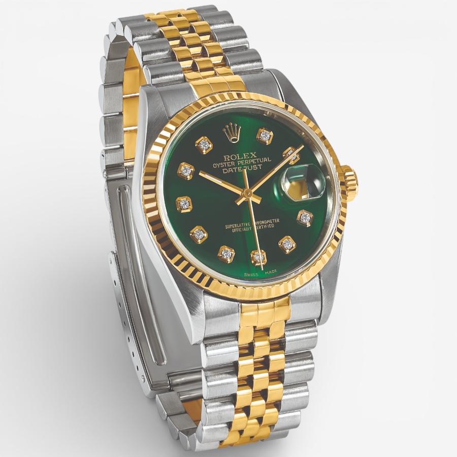 Image 748538_ALTMORE5.jpg, Product 748-538 / Price $16,299.99, Swiss Crown Pre-Owned Rolex - Independently Certified - 36-mm Two-Tone Datejust Watch with Jubilee Bracelet and Green Diamond Dial from Swiss Crown on TSC.ca's Jewellery department