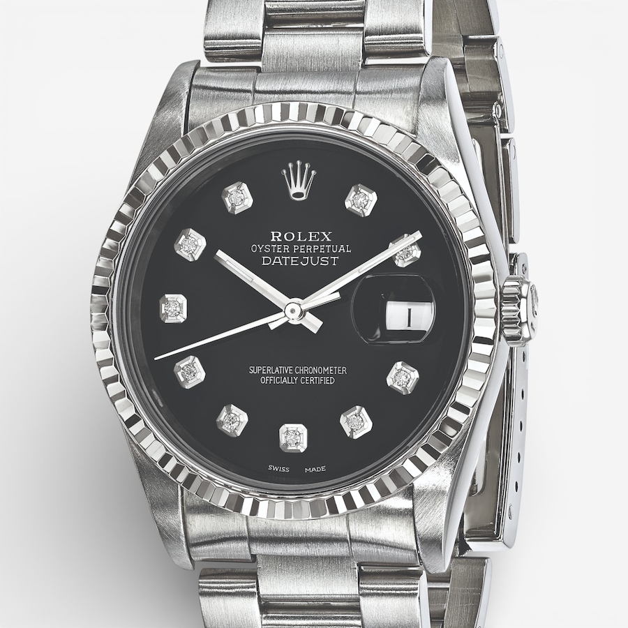 Image 748539_ALTMORE4.jpg, Product 748-539 / Price $15,499.99, Swiss Crown Pre-Owned Rolex - Independently Certified - 36-mm Stainless Steel Datejust Watch with Oyster Bracelet and Black Diamond Dial from Swiss Crown on TSC.ca's Jewellery department