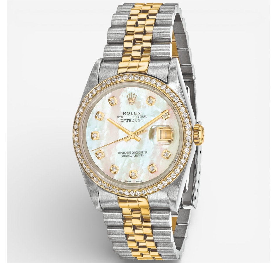 Image 748541.jpg, Product 748-541 / Price $19,499.99, Swiss Crown Pre-Owned Rolex - Independently Certified - 36-mm Two-Tone Datejust Watch with Jubilee Bracelet, Mother-of-Pearl Diamond Dial and Diamond Bezel from Swiss Crown on TSC.ca's Jewellery department