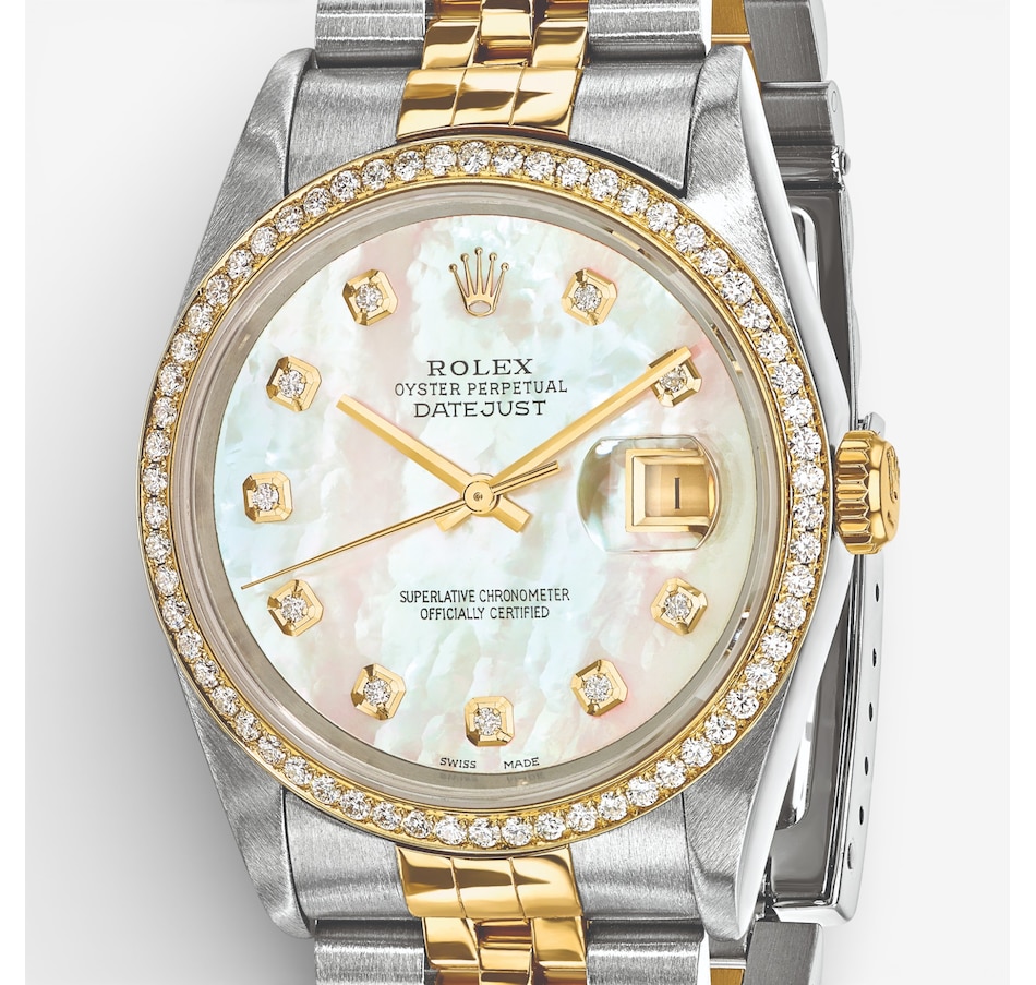 Image 748541_ALTMORE4.jpg, Product 748-541 / Price $19,499.99, Swiss Crown Pre-Owned Rolex - Independently Certified - 36-mm Two-Tone Datejust Watch with Jubilee Bracelet, Mother-of-Pearl Diamond Dial and Diamond Bezel from Swiss Crown on TSC.ca's Jewellery department