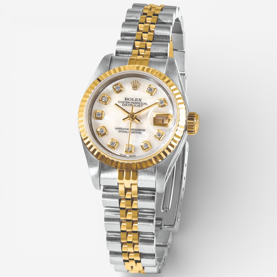 Image 748547_ALTMORE5.jpg, Product 748-547 / Price $14,199.99, Swiss Crown Pre-Owned Rolex - Independently Certified - 26-mm Two-Tone Datejust Watch with Jubilee Bracelet and Mother-of-Pearl Diamond Dial from Swiss Crown on TSC.ca's Jewellery department