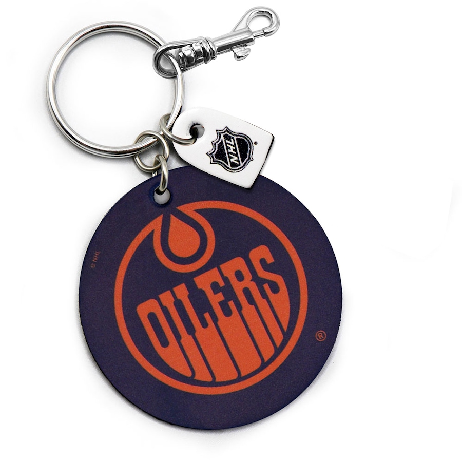 Image 749316.jpg, Product 749-316 / Price $20.99, Edmonton Oilers Leather Round Keychain from Treaty Group on TSC.ca's Sports department