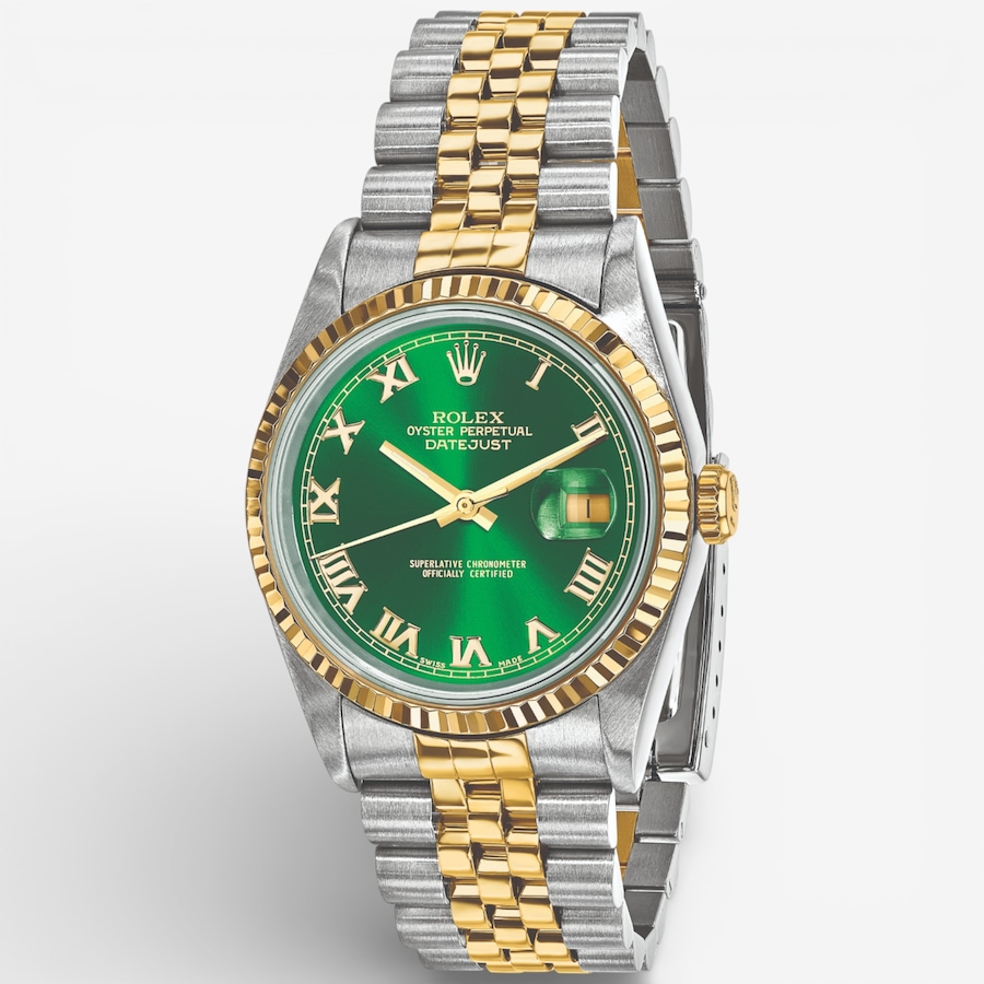 Image 749507.jpg, Product 749-507 / Price $15,699.99, Swiss Crown Pre-Owned Rolex - Independently Certified - 36mm Two-Tone Datejust Watch with Jubilee Bracelet and Green Roman Dial from Swiss Crown on TSC.ca's Jewellery department