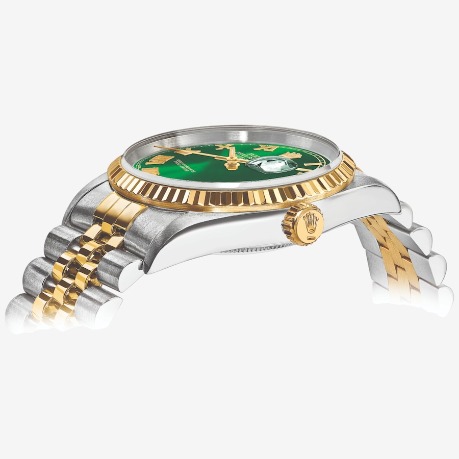 Image 749507_ALTMORE1.jpg, Product 749-507 / Price $15,699.99, Swiss Crown Pre-Owned Rolex - Independently Certified - 36mm Two-Tone Datejust Watch with Jubilee Bracelet and Green Roman Dial from Swiss Crown on TSC.ca's Jewellery department