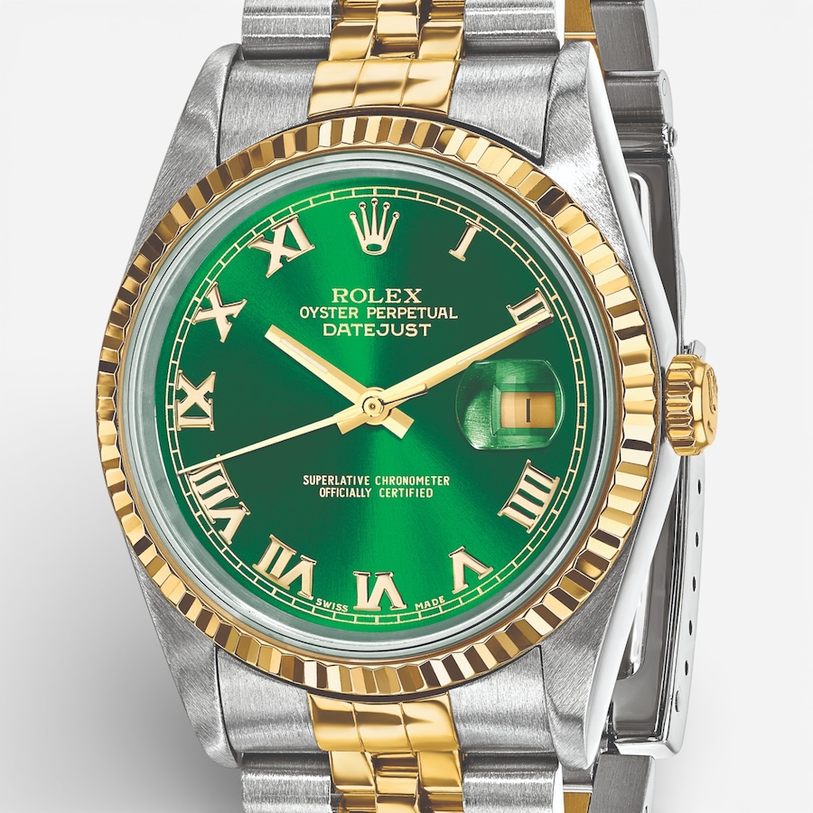 Image 749507_ALTMORE4.jpg, Product 749-507 / Price $15,699.99, Swiss Crown Pre-Owned Rolex - Independently Certified - 36mm Two-Tone Datejust Watch with Jubilee Bracelet and Green Roman Dial from Swiss Crown on TSC.ca's Jewellery department