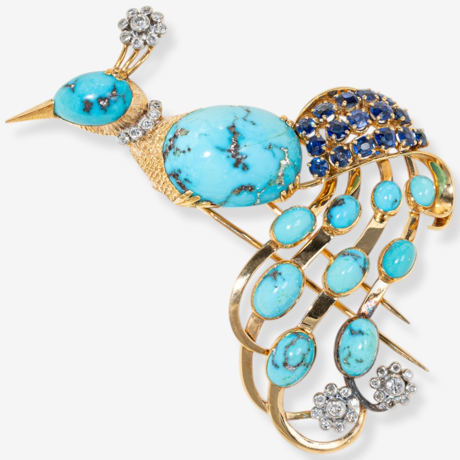 Image 749648.jpg, Product 749-648 / Price $14,995.00, Estate Originals 18K Yellow Gold R. G. Lecomte Turquoise Peacock Motif Brooch from Estate Originals on TSC.ca's Jewellery department