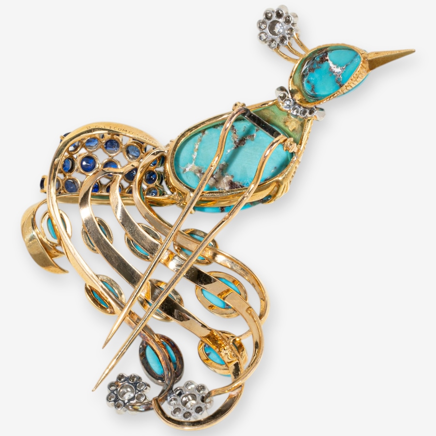 Image 749648_ALTMORE1.jpg, Product 749-648 / Price $14,995.00, Estate Originals 18K Yellow Gold R. G. Lecomte Turquoise Peacock Motif Brooch from Estate Originals on TSC.ca's Jewellery department