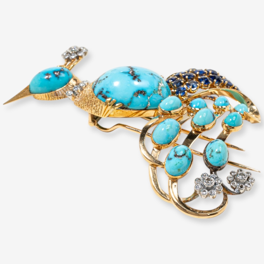 Image 749648_ALTMORE2.jpg, Product 749-648 / Price $14,995.00, Estate Originals 18K Yellow Gold R. G. Lecomte Turquoise Peacock Motif Brooch from Estate Originals on TSC.ca's Jewellery department