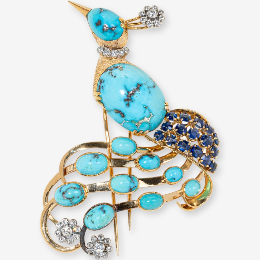Image 749648_ALTMORE3.jpg, Product 749-648 / Price $14,995.00, Estate Originals 18K Yellow Gold R. G. Lecomte Turquoise Peacock Motif Brooch from Estate Originals on TSC.ca's Jewellery department