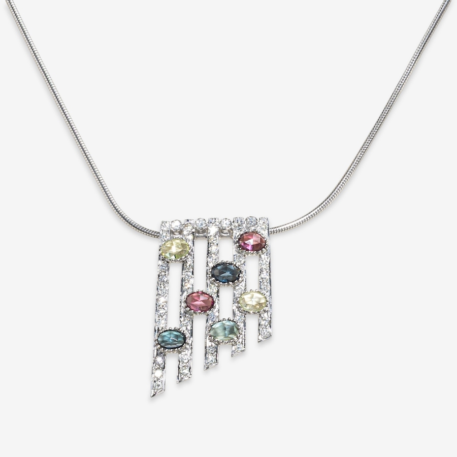 Image 749652.jpg, Product 749-652 / Price $6,695.00, Estate Originals 18K White Gold Multi-Colour Sapphire and Diamond Geometrically Designed Pendant  from Estate Originals on TSC.ca's Jewellery department
