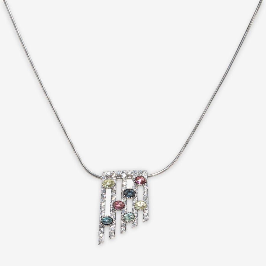 Image 749652_ALTMORE1.jpg, Product 749-652 / Price $6,695.00, Estate Originals 18K White Gold Multi-Colour Sapphire and Diamond Geometrically Designed Pendant  from Estate Originals on TSC.ca's Jewellery department