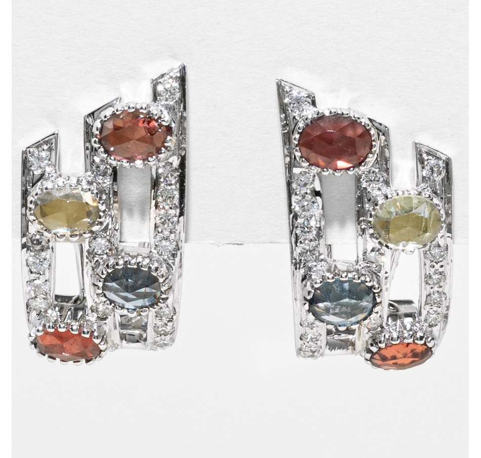 Image 749664.jpg, Product 749-664 / Price $6,695.00, Estate Originals 18K White Gold Multi-Colour Sapphire and Diamond Geometrically Designed French Back Earrings from Estate Originals on TSC.ca's Jewellery department