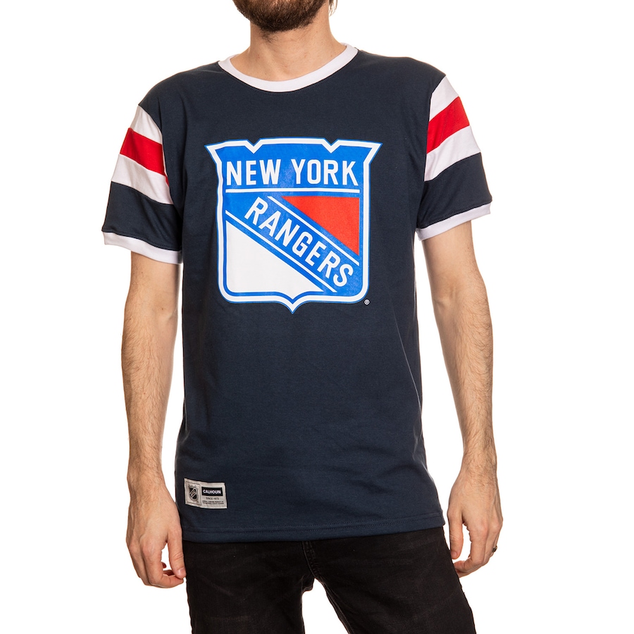 Image 749683.jpg, Product 749-683 / Price $41.99, NHL New York Rangers Men's Shoulder Stripe Varsity Inset Sleeve Retro-Style T-Shirt from Calhoun on TSC.ca's Sports department
