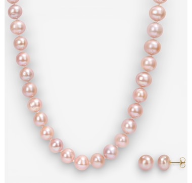 Jewel of a Deal 14K Yellow Gold 9-10mm Pink Freshwater Cultured Pearl Necklace &amp; Earrings