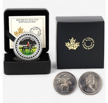 2025 $20 RCMP Musical Ride Fine Silver Coin plus Bonus 1973 RCMP 25-Cent Coin