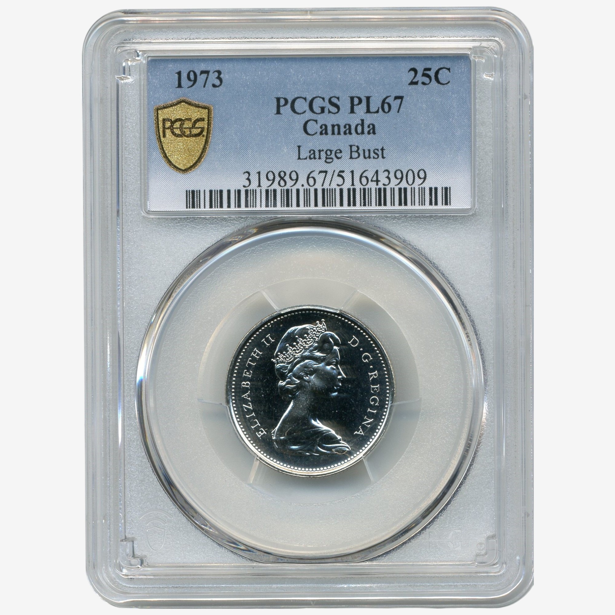 Rare 1973 Large-Bust Quarter, PCGS Certified PL-67 - TSC.ca